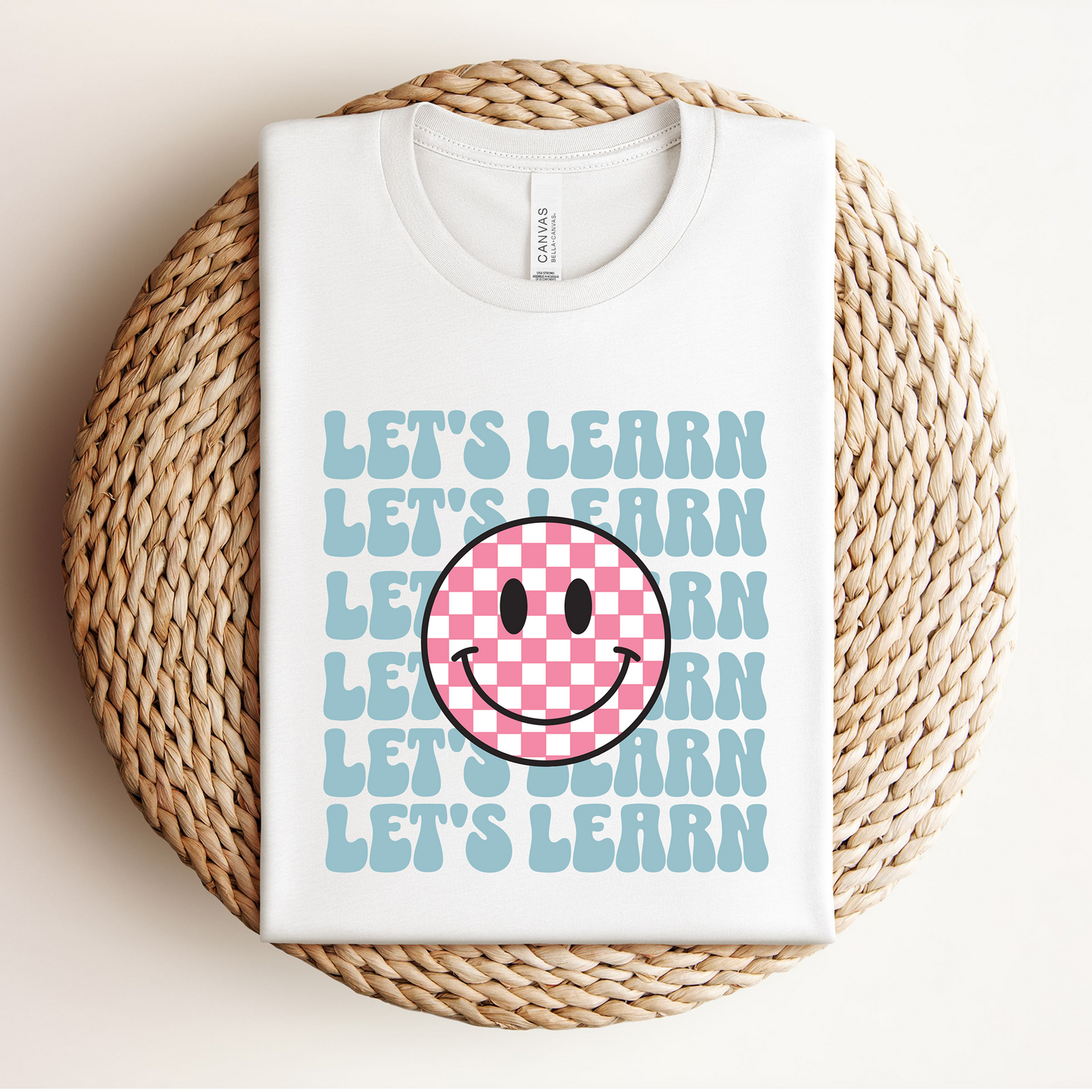 "Let's Learn Checkered Smiley Face" Teacher T-Shirt